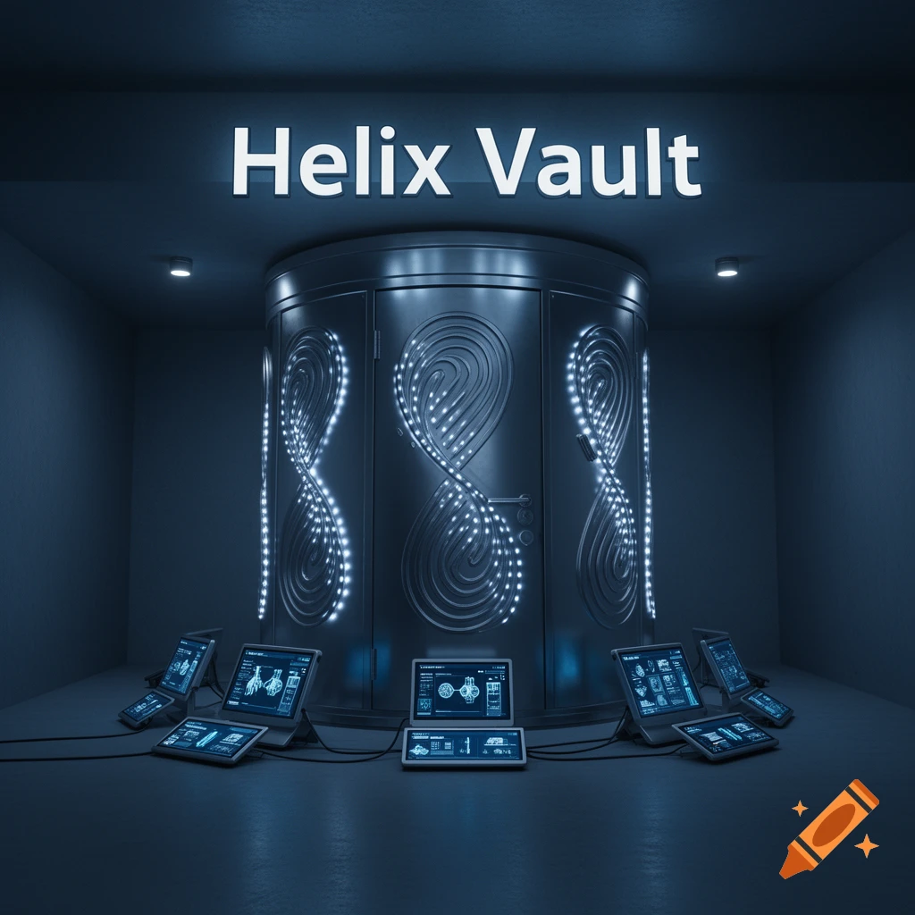 A futuristic cylindrical Helix Vault with glowing blue helix patterns, surrounded by computer screens displaying data in a dark room.