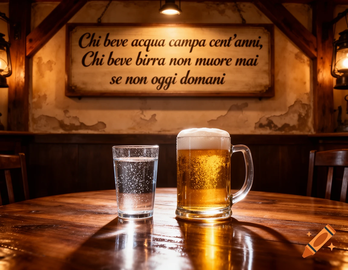 A glass of water and a mug of beer sit on a wooden table in a rustic pub, with an Italian proverb sign on the wall.