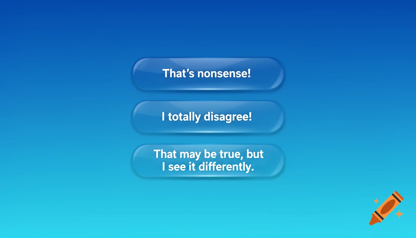 Three glossy blue buttons with white text on a blue gradient background. The buttons read: "That's nonsense!", "I totally disagree!", and "That may be true, but I see it differently."