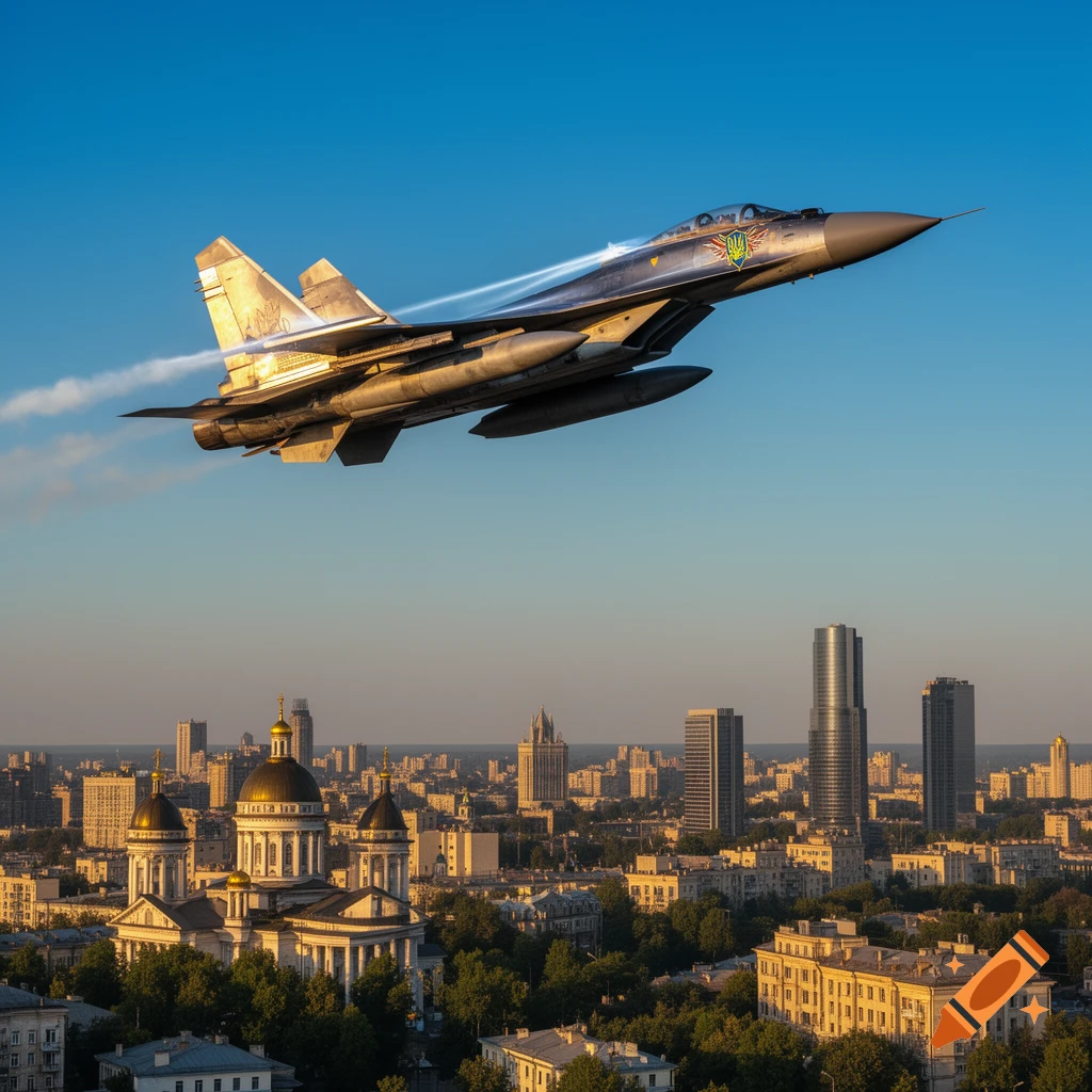 Photorealistic image of a military jet with Ukrainian symbols flying high over a sunlit city skyline with a large cathedral.
