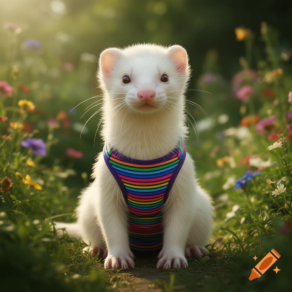 A white ferret wearing a rainbow-striped harness sits in a sunlit field of colorful wildflowers.