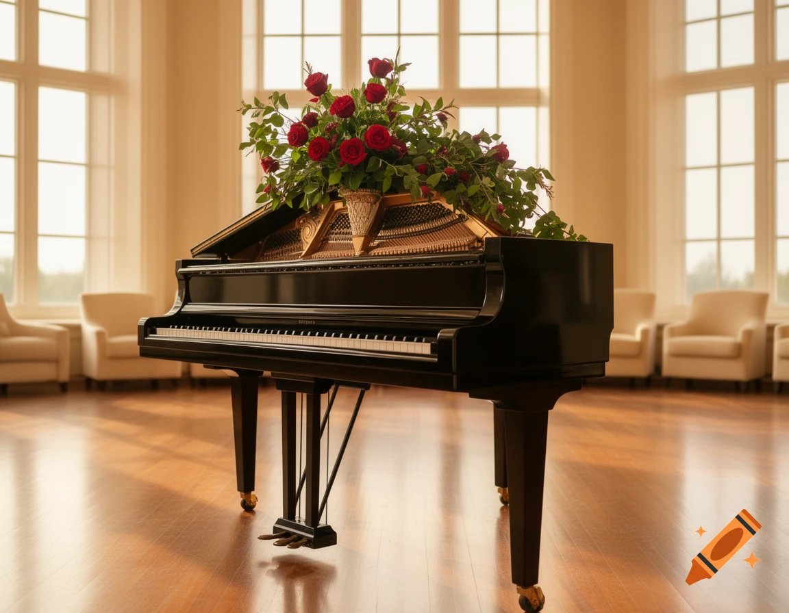 A black grand piano with a vase of red roses sits on a polished wooden floor in a brightly lit room with large windows.