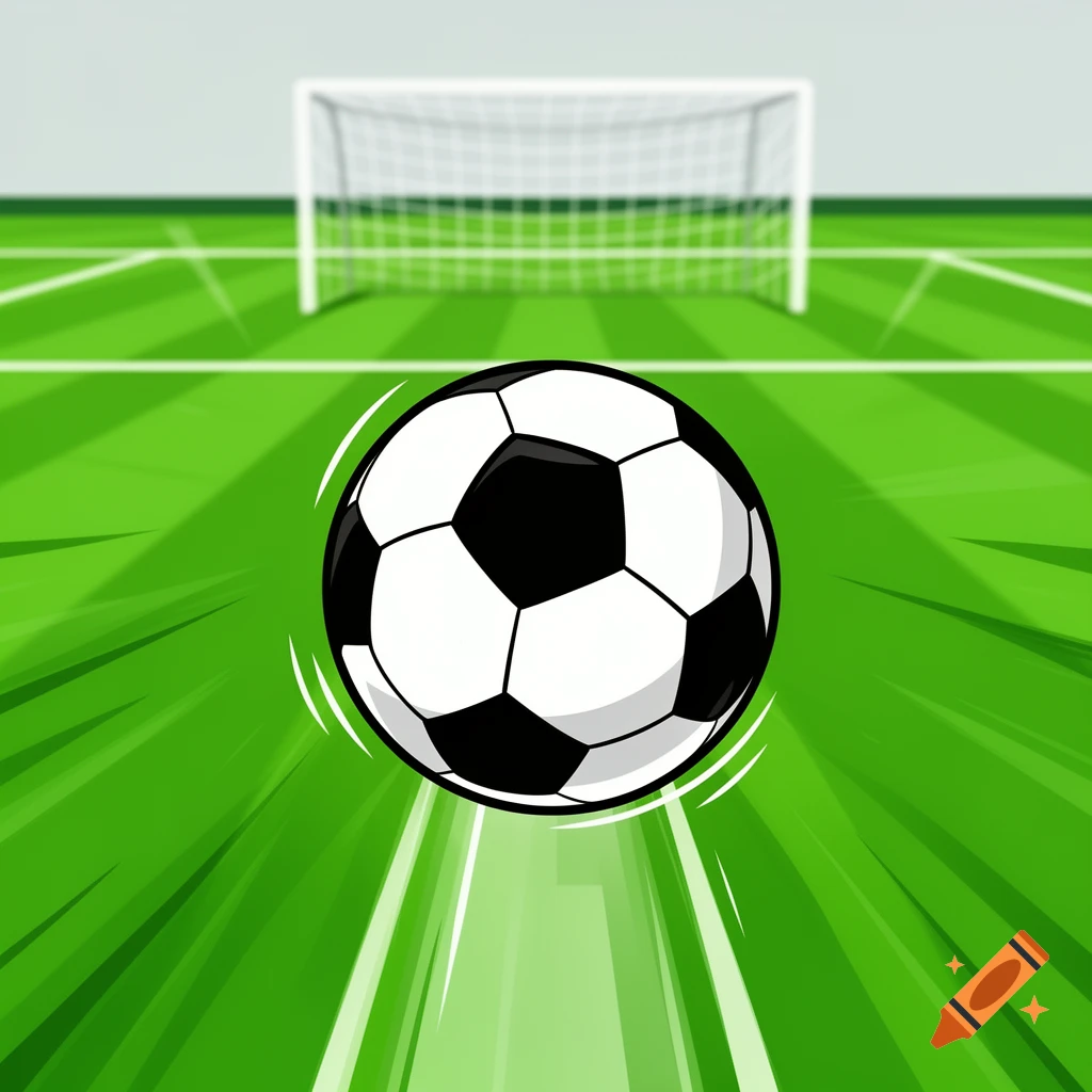 An illustrated soccer ball with motion lines, approaching a goal on a green soccer field.