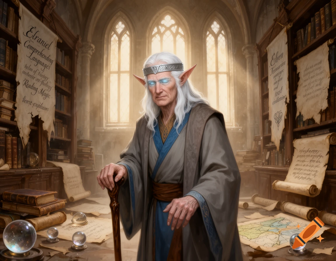 An old grey elf wizard with white hair and glowing blue eyes stands with a cane in a gothic library filled with books and scrolls.
