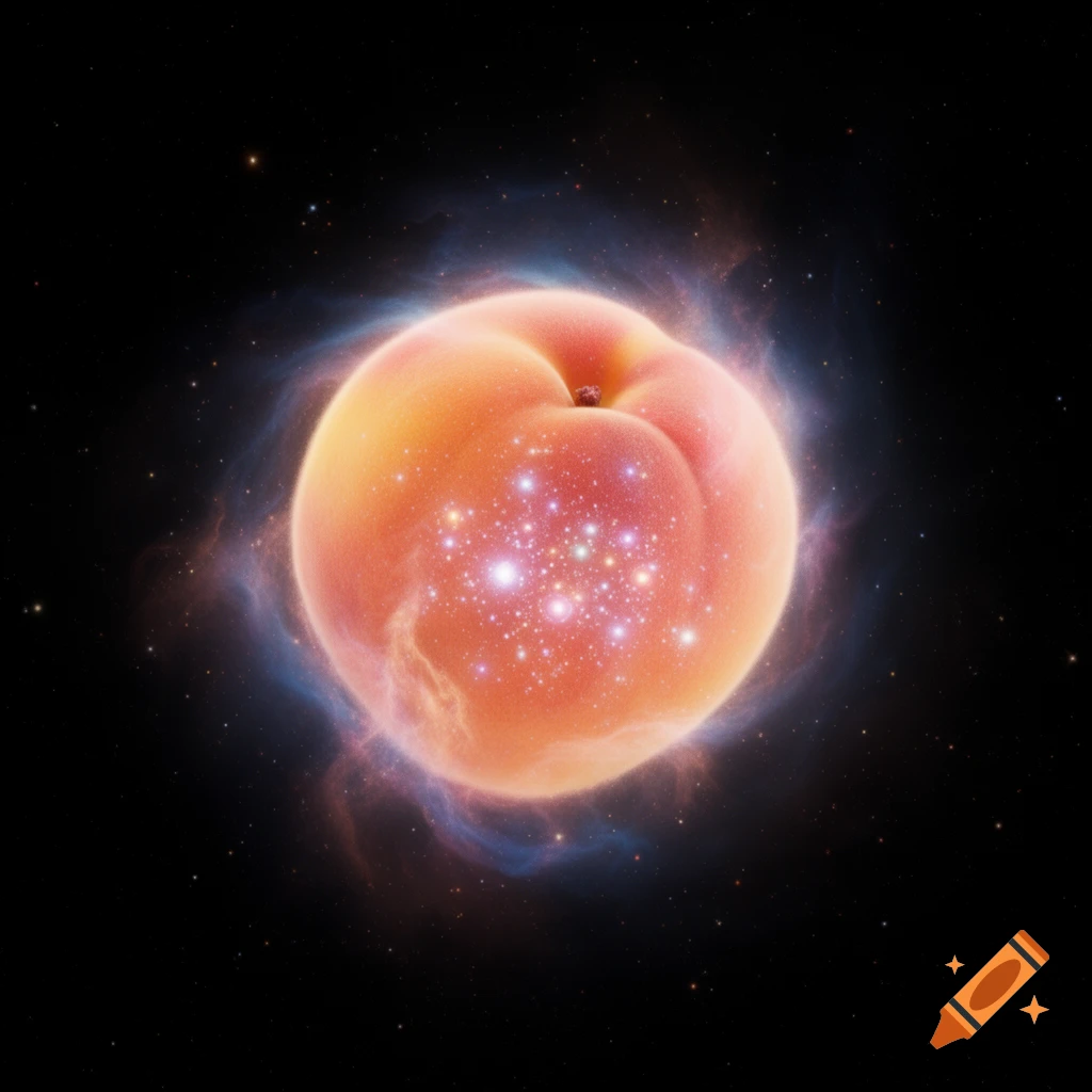 A vibrant peach-shaped nebula glows with stars against a dark, starry cosmic background.