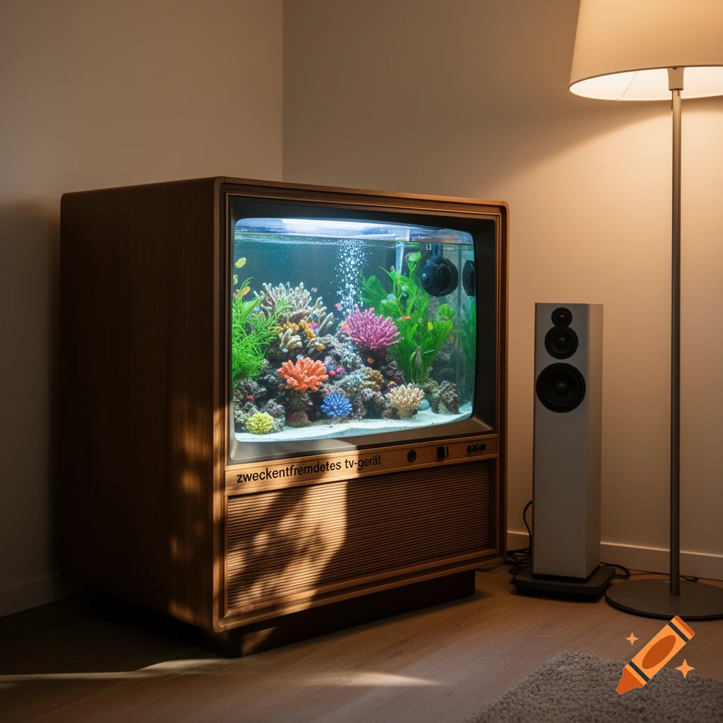 A vintage wooden television repurposed as a vibrant coral reef aquarium, illuminated in a dimly lit room with a floor lamp and speaker.