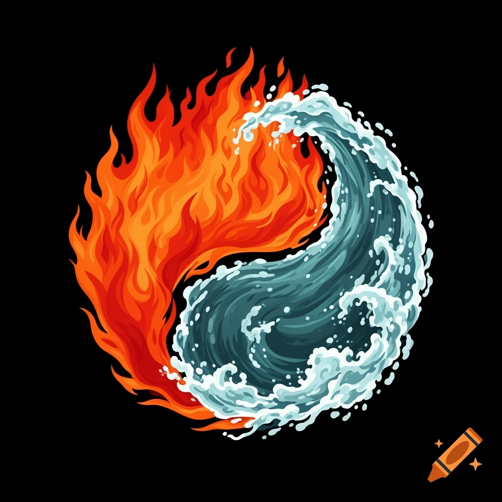 A stylized Yin Yang symbol made of vibrant orange fire and blue foamy ocean water, against a black background.
