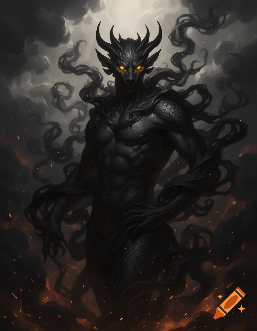 A dark, horned daemon with glowing yellow eyes stands amidst swirling smoke and embers, in a fantasy art style.