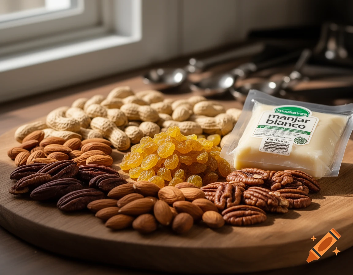 A wooden board filled with shelled peanuts, almonds, pecans, golden raisins, and a package of "manjar blanco" dessert.