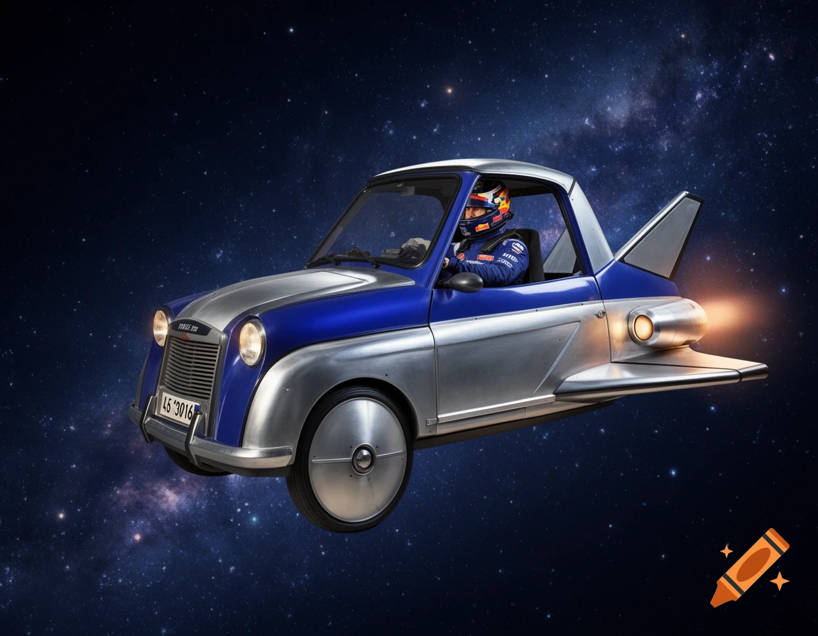 A blue and silver Reliant Robin-style car, modified as a space shuttle with wings and a rocket exhaust, flying through a starry galaxy with a helmeted racing driver.