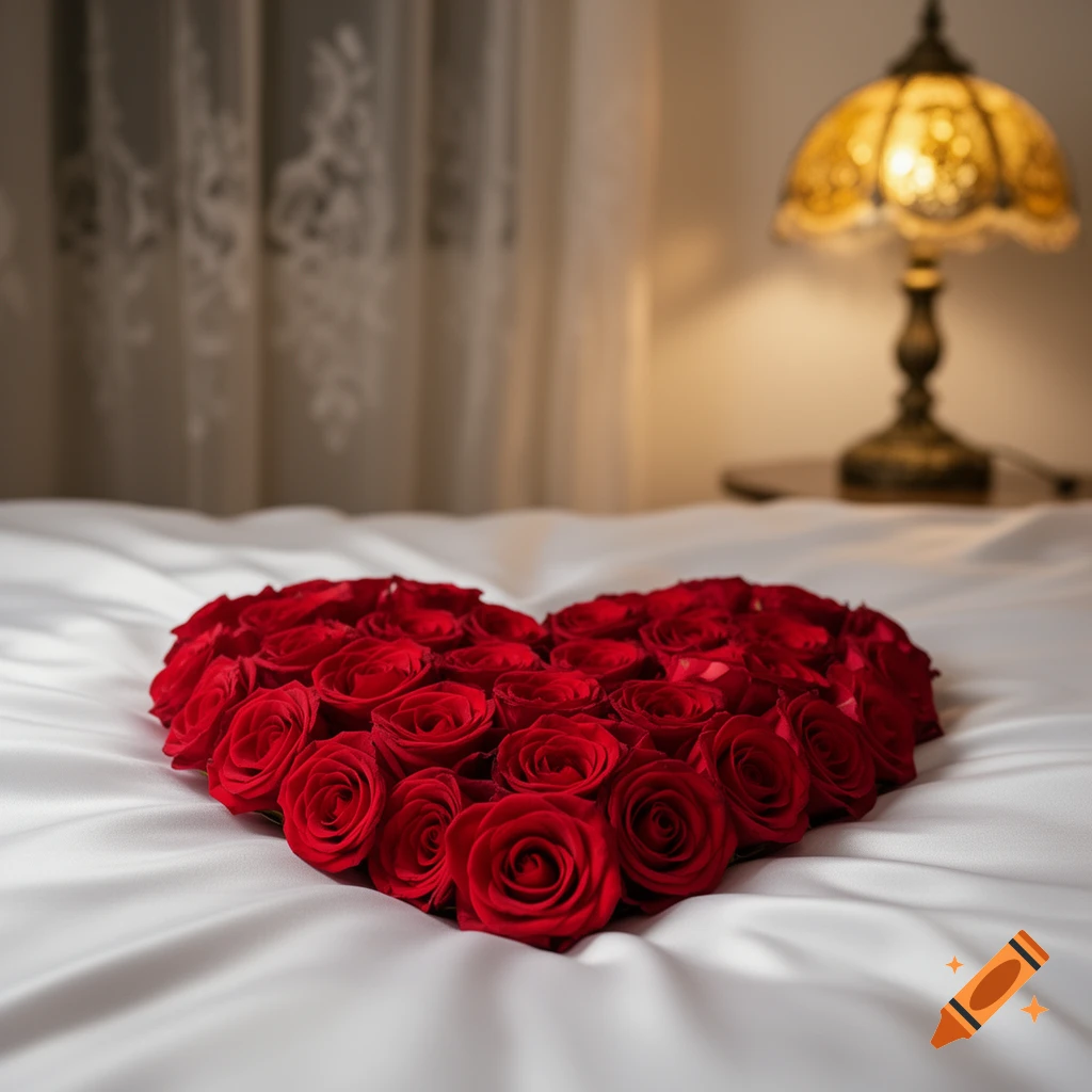 A heart shape made of red roses rests on crisp white bed sheets, with a blurred lamp and curtain in the background.