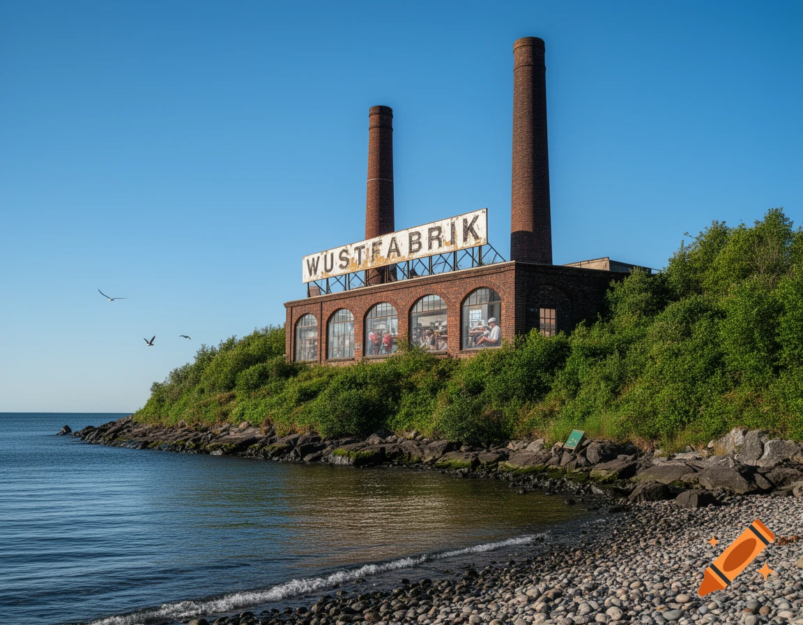 Photorealistic image of a brick factory, signed 'WUSTFABRIK', with two tall smokestacks on a green hill by a lake with a pebbled shore.