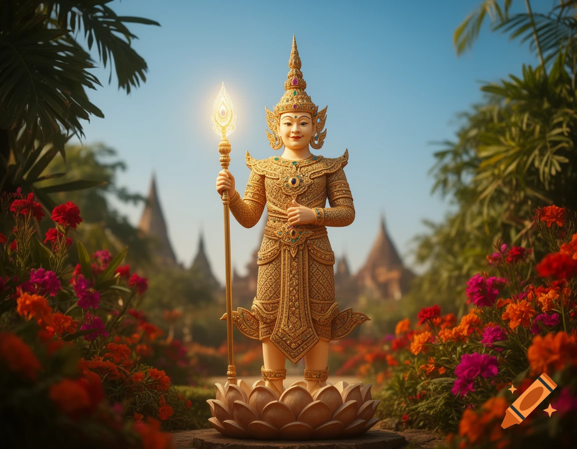 A golden, bejeweled statue of a Thai god stands on a lotus base amidst vibrant flowers, with traditional temples in the distant background under a clear blue sky.