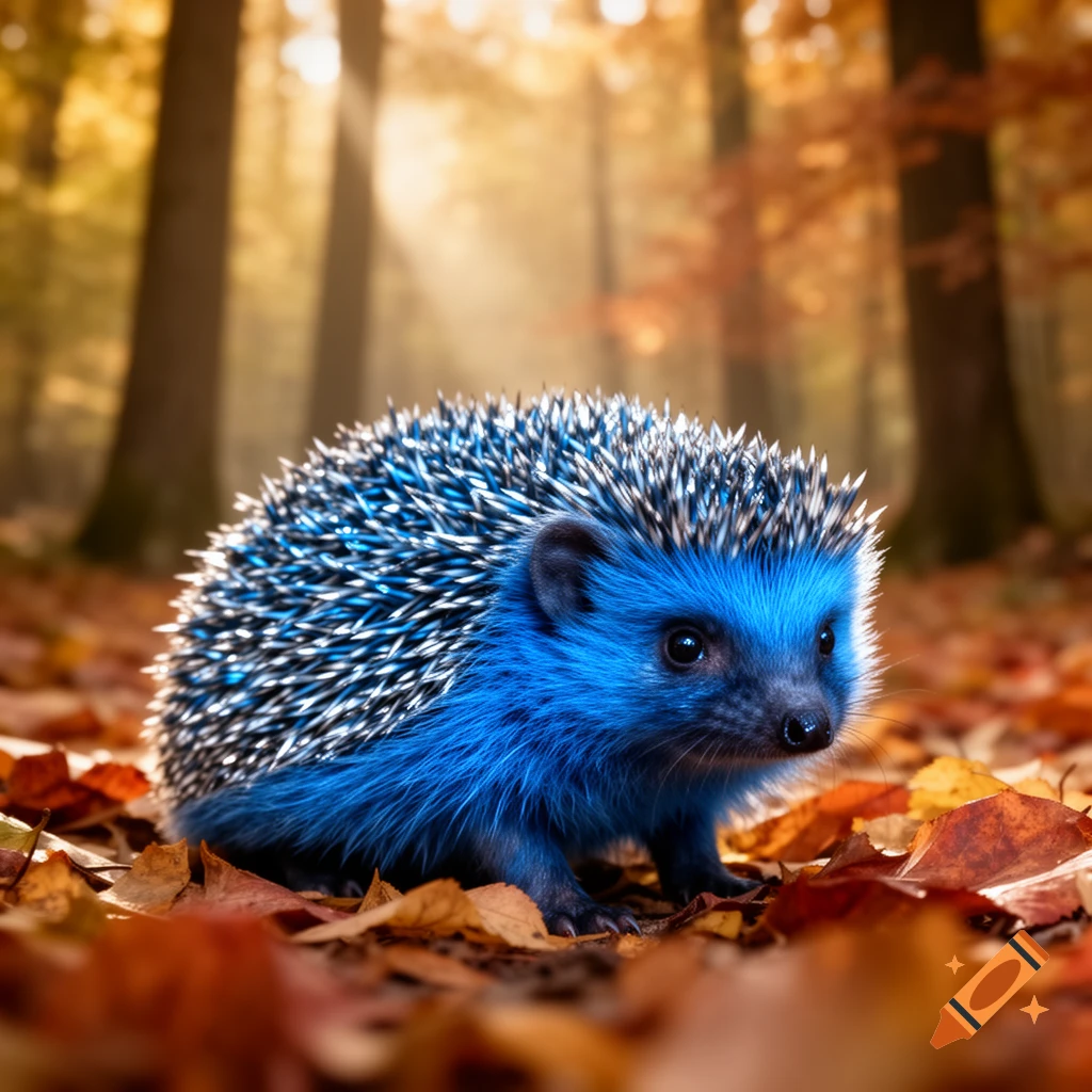 A vibrant blue hedgehog with black and white quills sits amongst fallen orange and yellow autumn leaves in a sunlit forest.