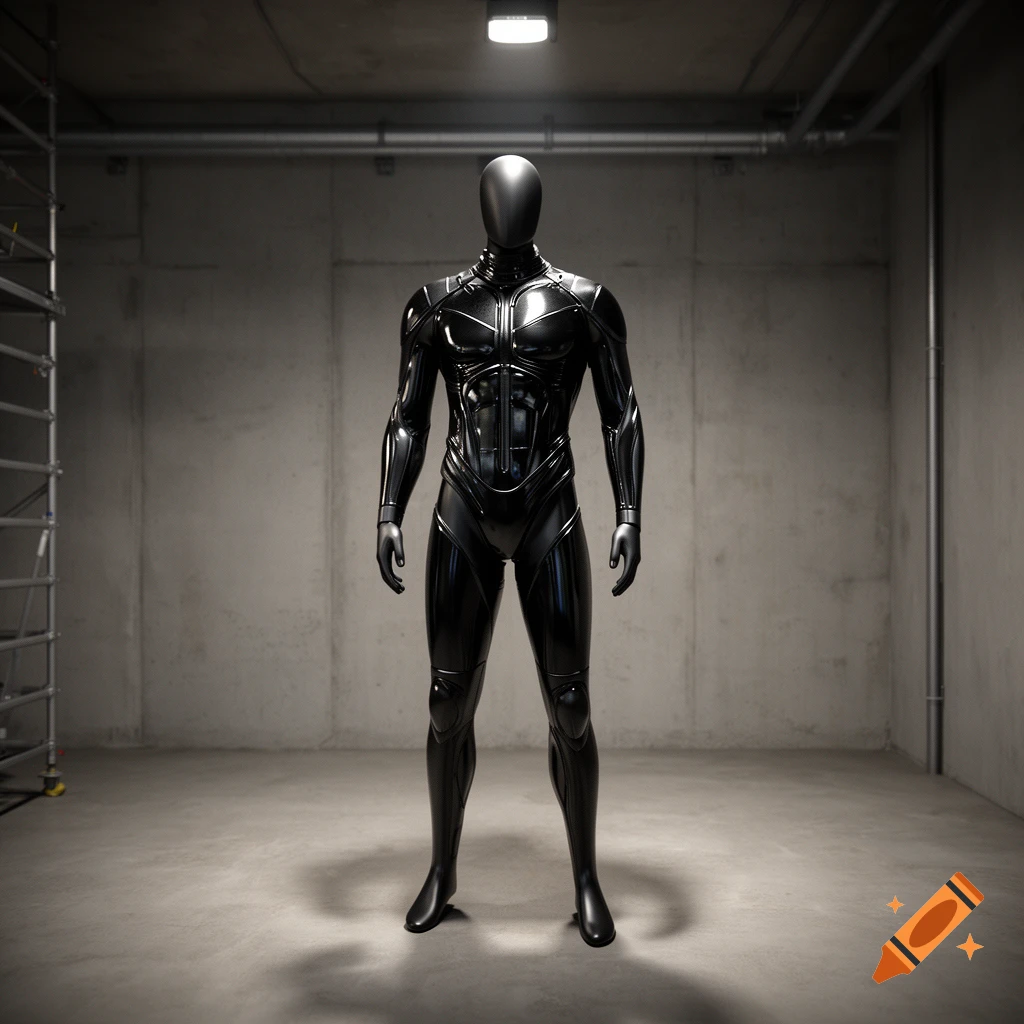 A glossy black, featureless humanoid mannequin wearing a futuristic full-body suit stands in a concrete industrial room.