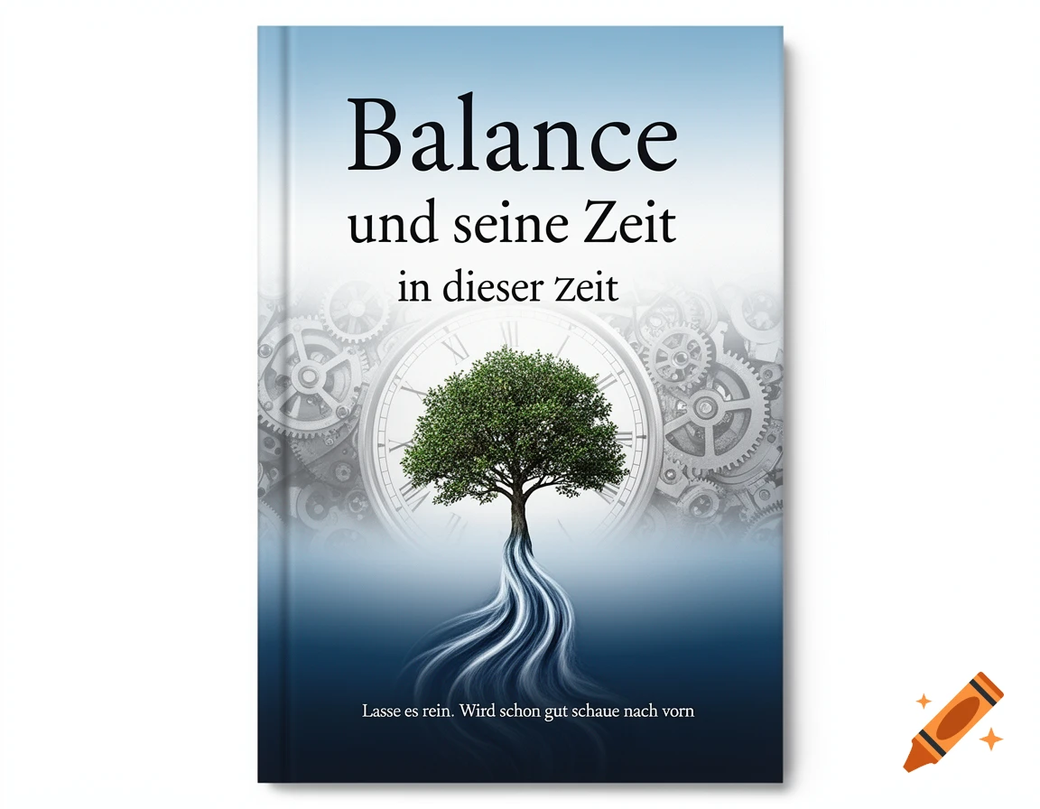 A book cover titled 'Balance und seine Zeit in dieser Zeit' depicts a tree with roots transforming into waves, set against a clock and gears.