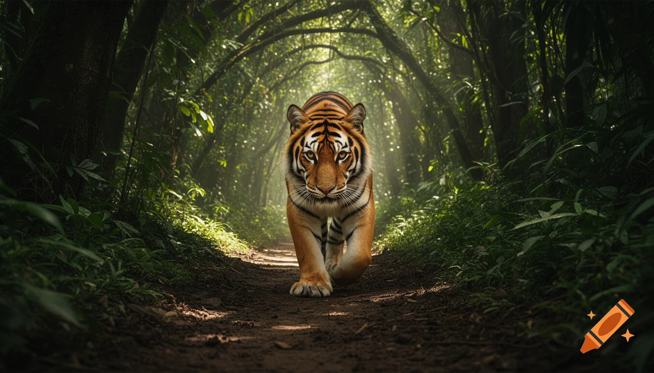 A photorealistic tiger walks on a dirt path through a lush, sun-dappled jungle, approaching the camera.