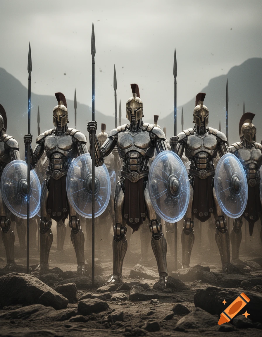 An army of metallic Spartan robot warriors with glowing shields and spears stands on a rocky, desolate battlefield under a cloudy sky.