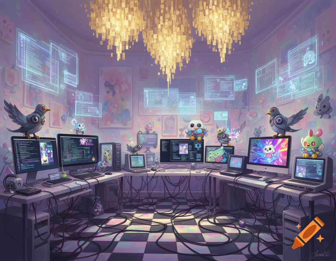 A whimsical room filled with numerous glowing computer screens and holographic displays, adorned with cartoonish fantasy creatures, amidst a tangle of wires on a checkered floor.