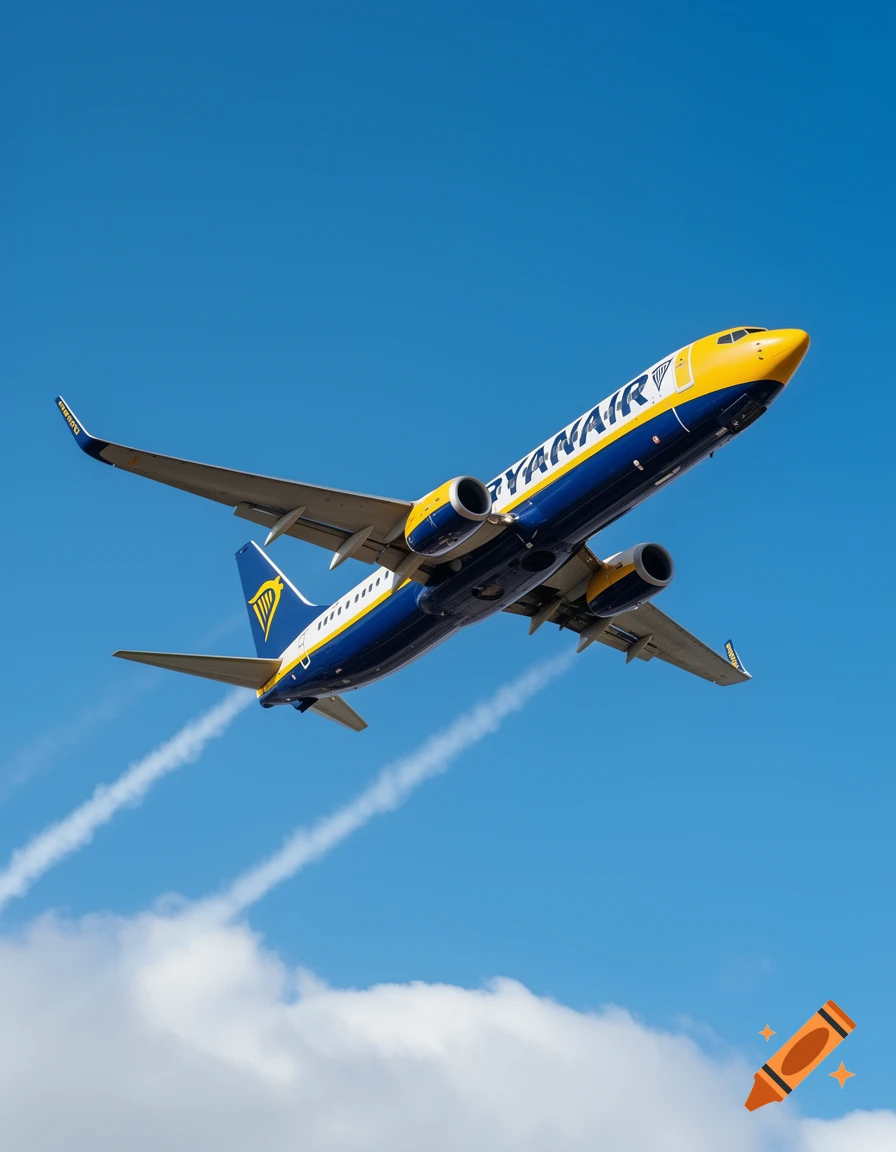 A blue and yellow Ryanair airplane soars through a clear blue sky, with white contrails visible behind its wings.