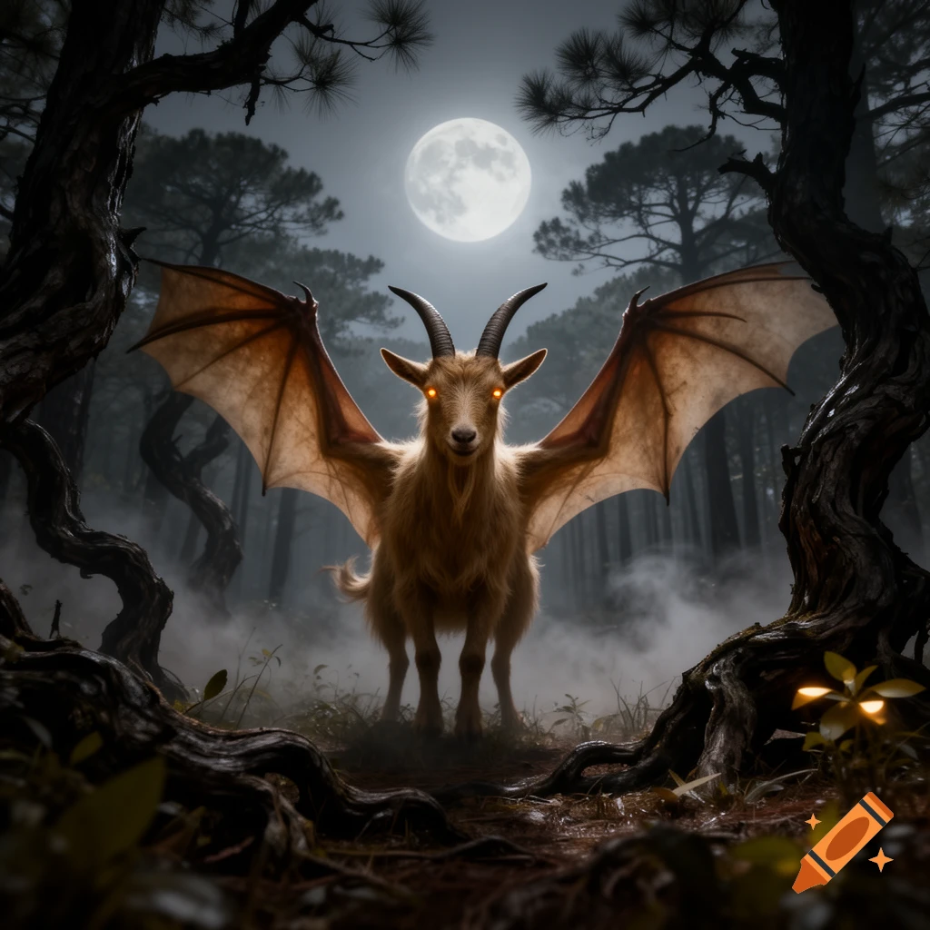 A goat-like creature with large bat wings and glowing eyes stands in a misty, dark forest under a full moon.