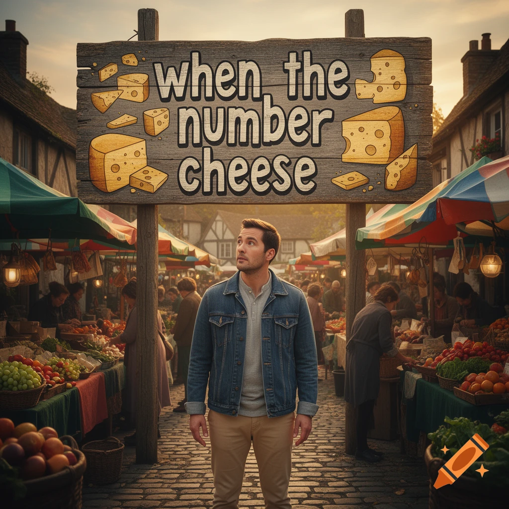 A man stands in a bustling market street under a wooden sign with "when the number cheese" and cheese illustrations. Photorealistic style.