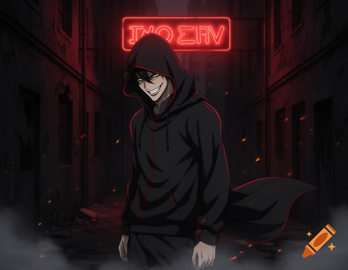 An anime villain with a menacing smile, wearing a black hoodie with red accents, stands in a dark urban alley under a red neon sign.