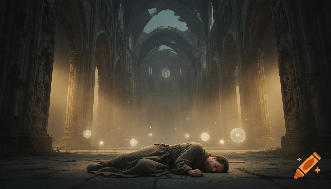 A man in ancient robes lies on the stone floor of vast, crumbling gothic cathedral ruins, illuminated by golden fog and luminous orbs, in a moody, dreamlike style.