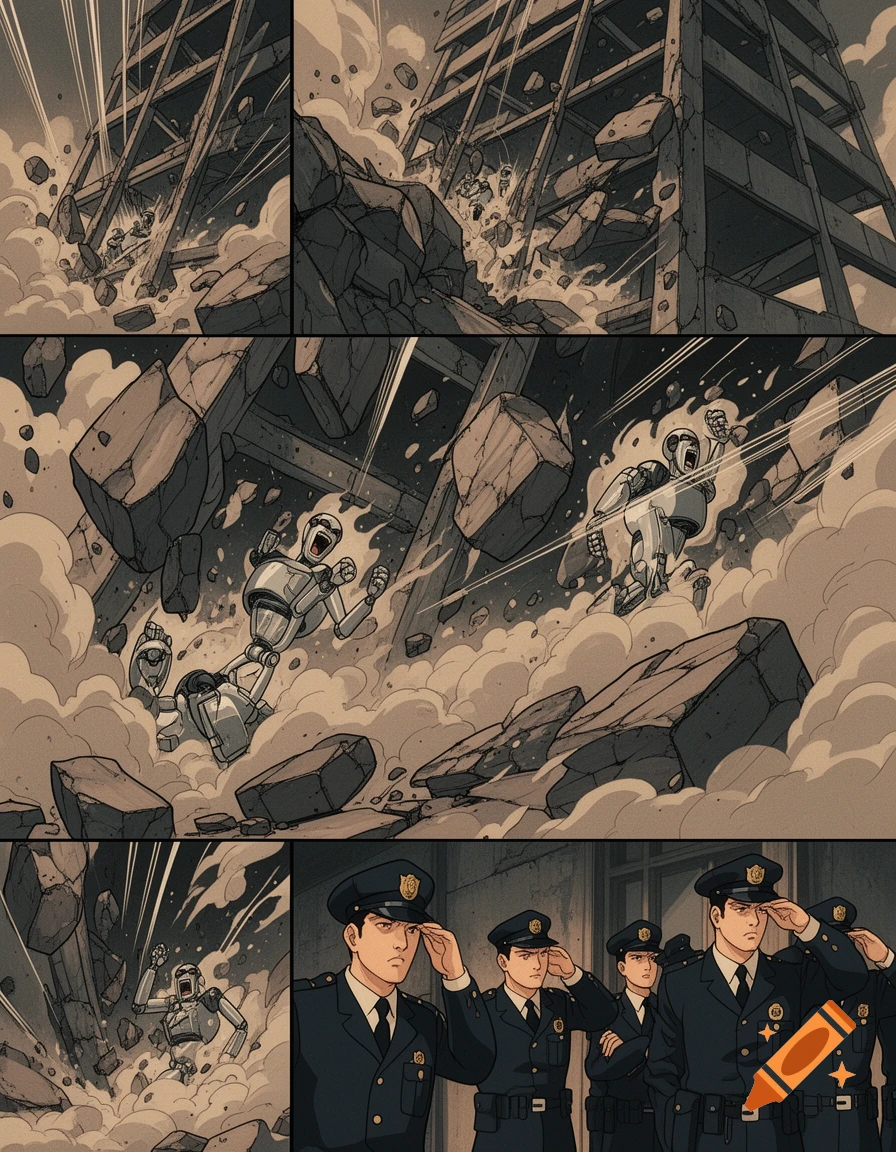Multi-panel comic in 80s anime style depicts a building collapsing, robots screaming as they're buried, and police saluting.
