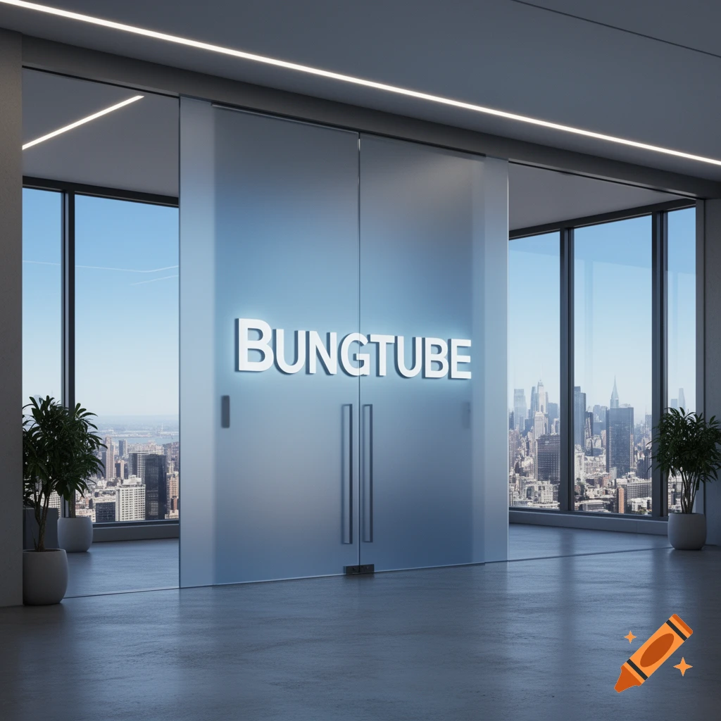 Photorealistic view of a modern office interior with "BUNGTUBE" on frosted glass doors, overlooking a city skyline.