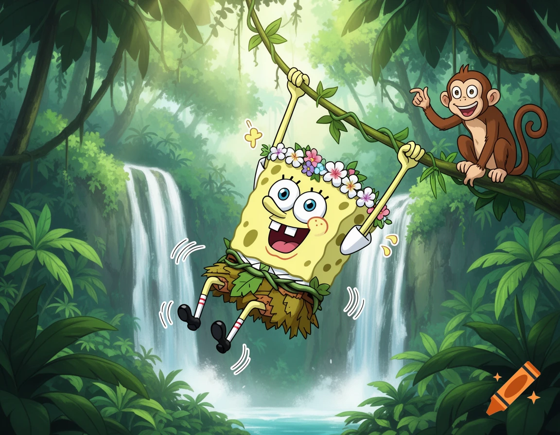 SpongeBob SquarePants swings on a vine, wearing a grass skirt and flower crown, while a monkey points from a tree branch in a lush jungle with waterfalls.