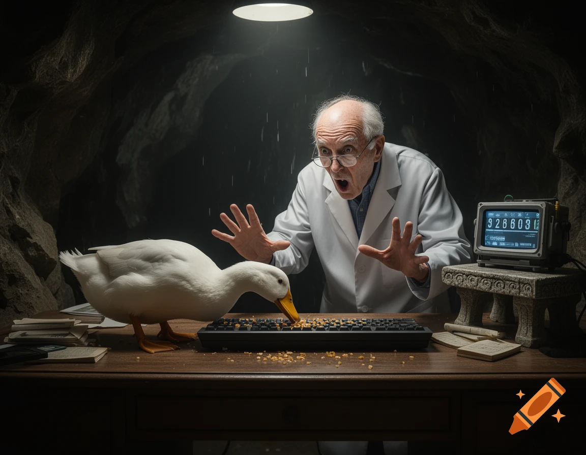 A white duck pecks at a food-covered keyboard in a cave, while an old scientist in a lab coat panics beside a screen displaying numbers.