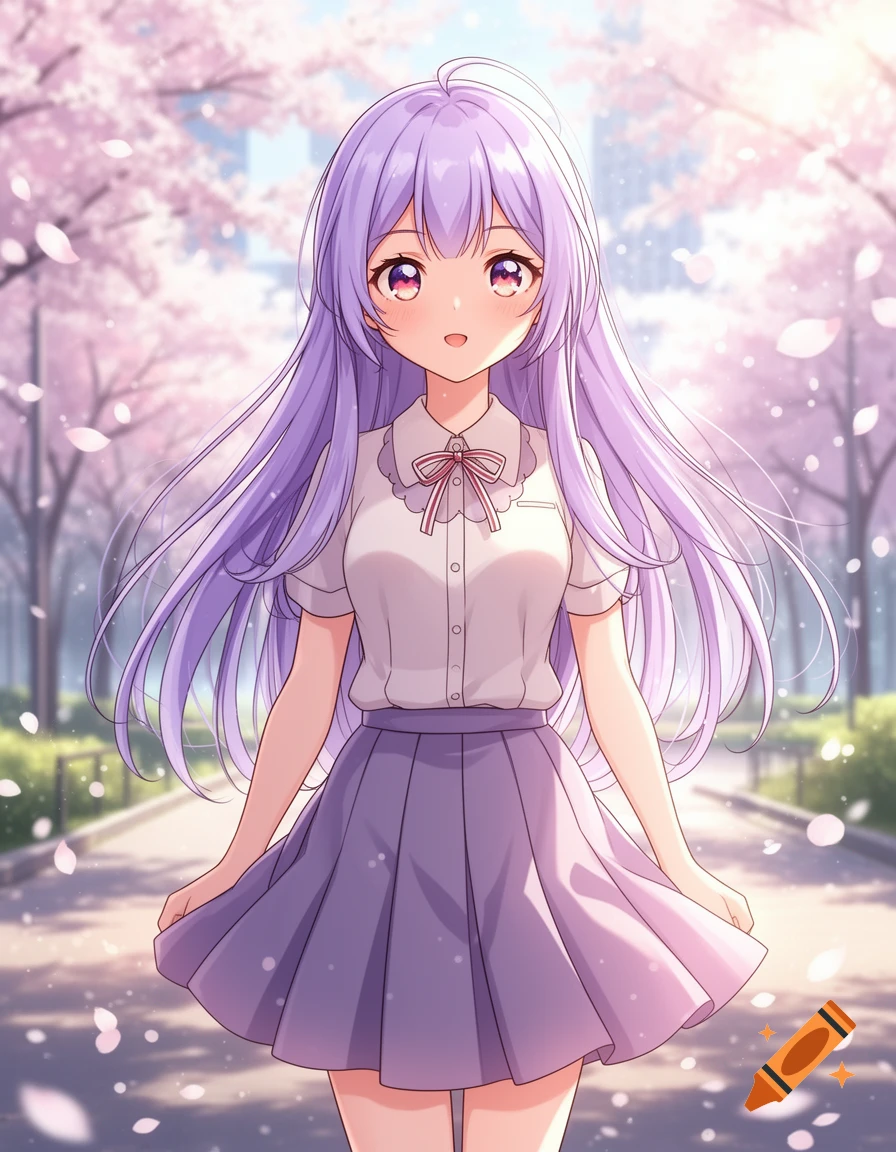 An anime girl with long purple hair, wearing a white shirt and purple skirt, smiling on a path lined with pink cherry blossom trees and falling petals.