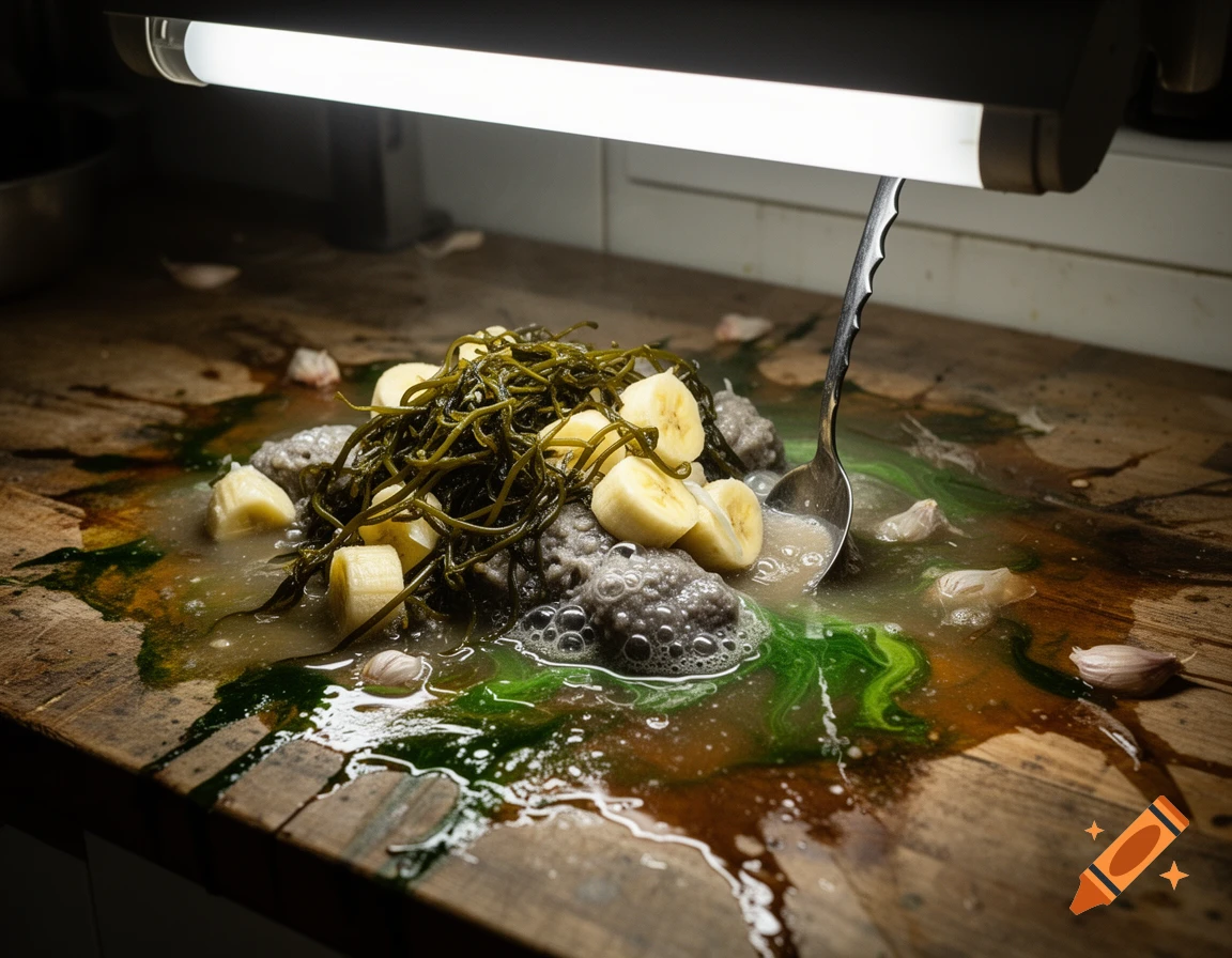 A gross concoction of sliced bananas, dark green seaweed, and bubbling gray liquid spilled on a wooden table, with a silver spoon and garlic cloves.