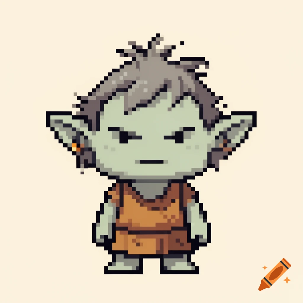 A pixel art chibi troll character with green skin, spiky grey hair, pointy ears, and a serious expression, wearing a brown tunic.