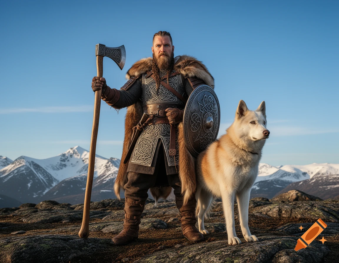 A bearded Viking warrior in ornate armor holding an axe and shield stands next to a white husky on a rocky mountain with snow-capped peaks.
