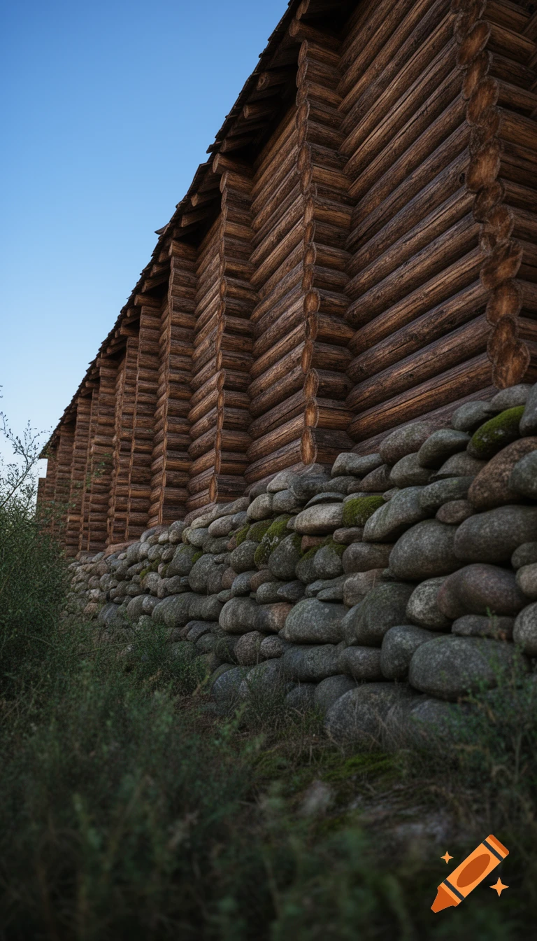 Low-angle view of a long wooden log fortress wall with a rounded stone footing and blue sky.