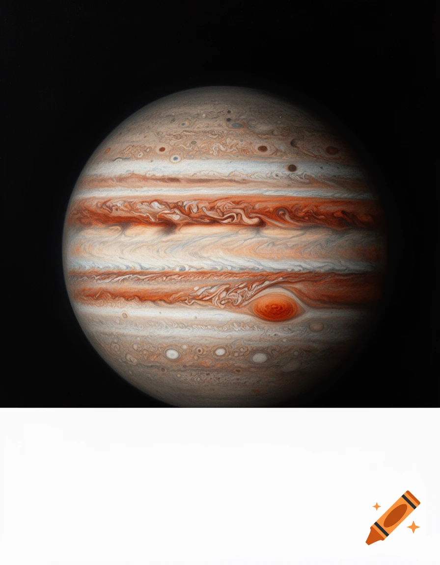 Jupiter with swirling orange and white bands, including the Great Red Spot, against a dark background, with a white band at the bottom.