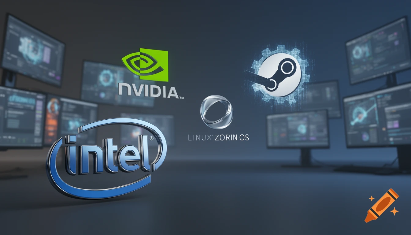3D rendered logos for Intel, Nvidia, Steam, and Linux Zorin OS float above a dark surface with multiple computer monitors in the background.