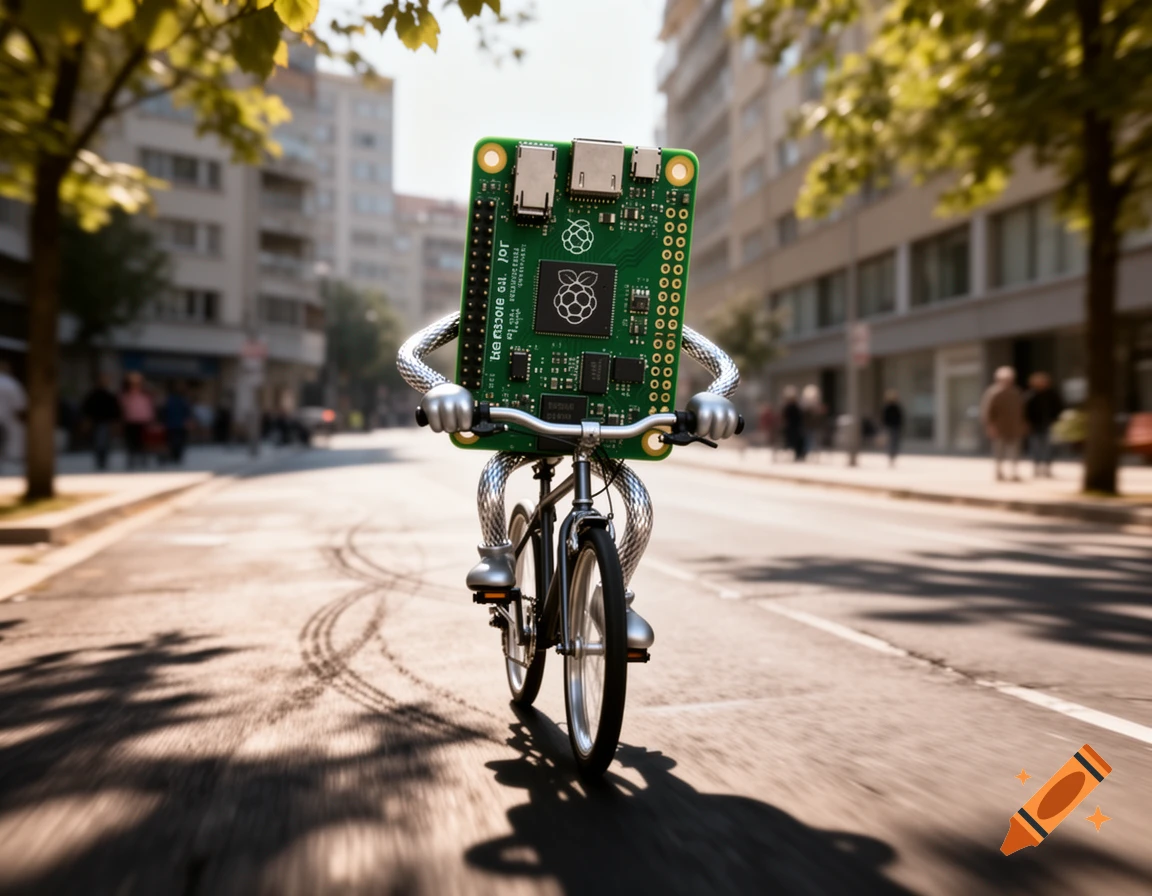 A anthropomorphic Raspberry Pi circuit board with metallic arms and legs rides a bicycle down a sunny city street.
