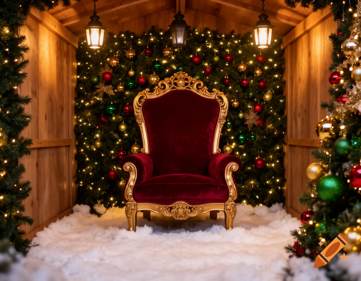 A festive Santa's grotto with a red and gold throne, surrounded by twinkling Christmas trees and a snowy floor.