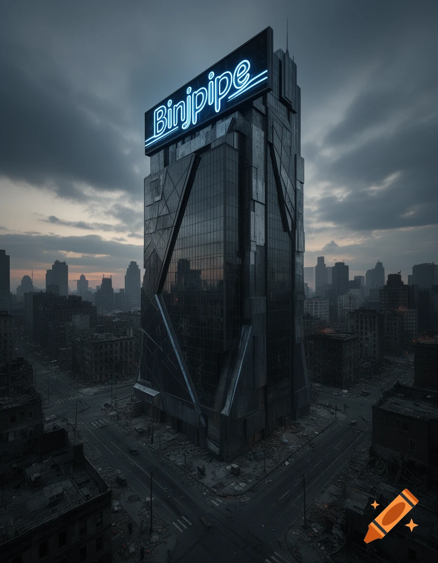 A giant, dark, futuristic building with a glowing 'Binjpipe' neon sign dominates a desolate, dystopian city under a cloudy sky.