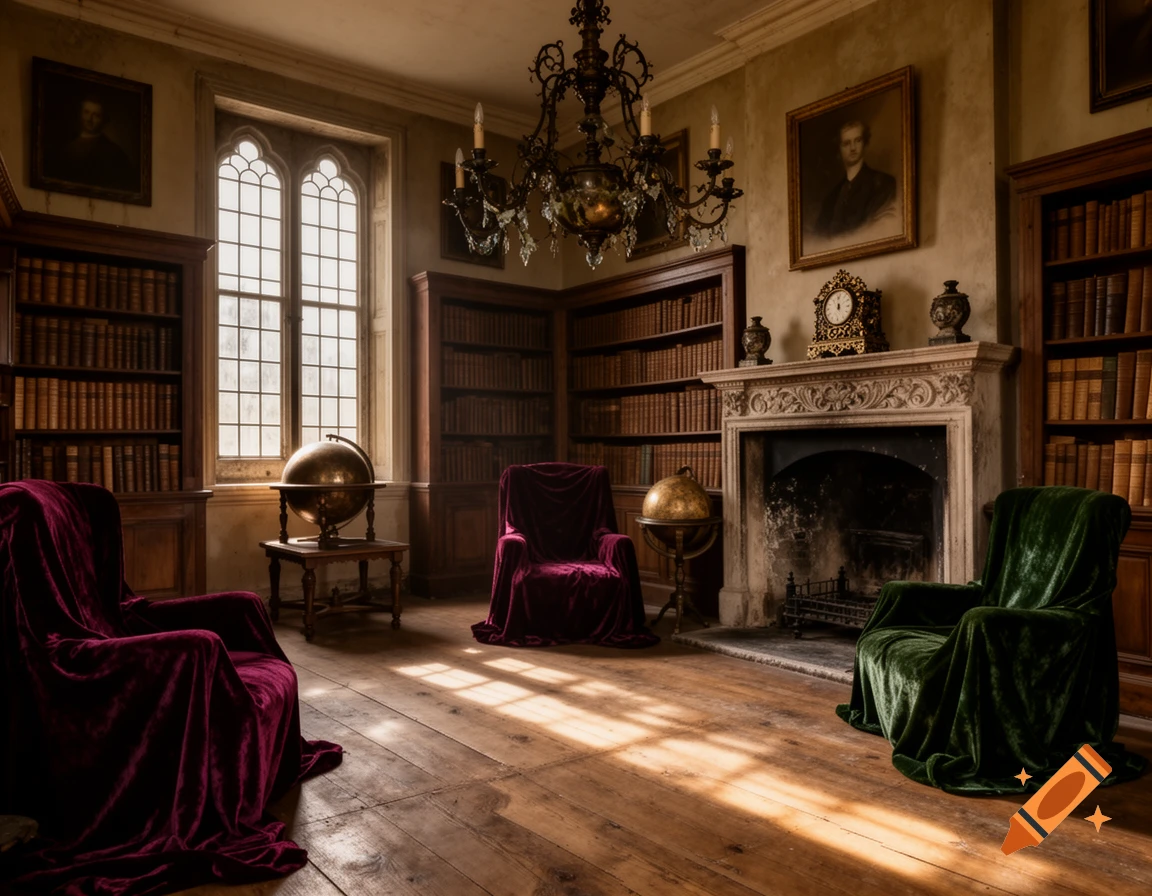 A grand, dimly lit classical library with dark wooden bookshelves, a stone fireplace, velvet armchairs, and a tall Gothic window.
