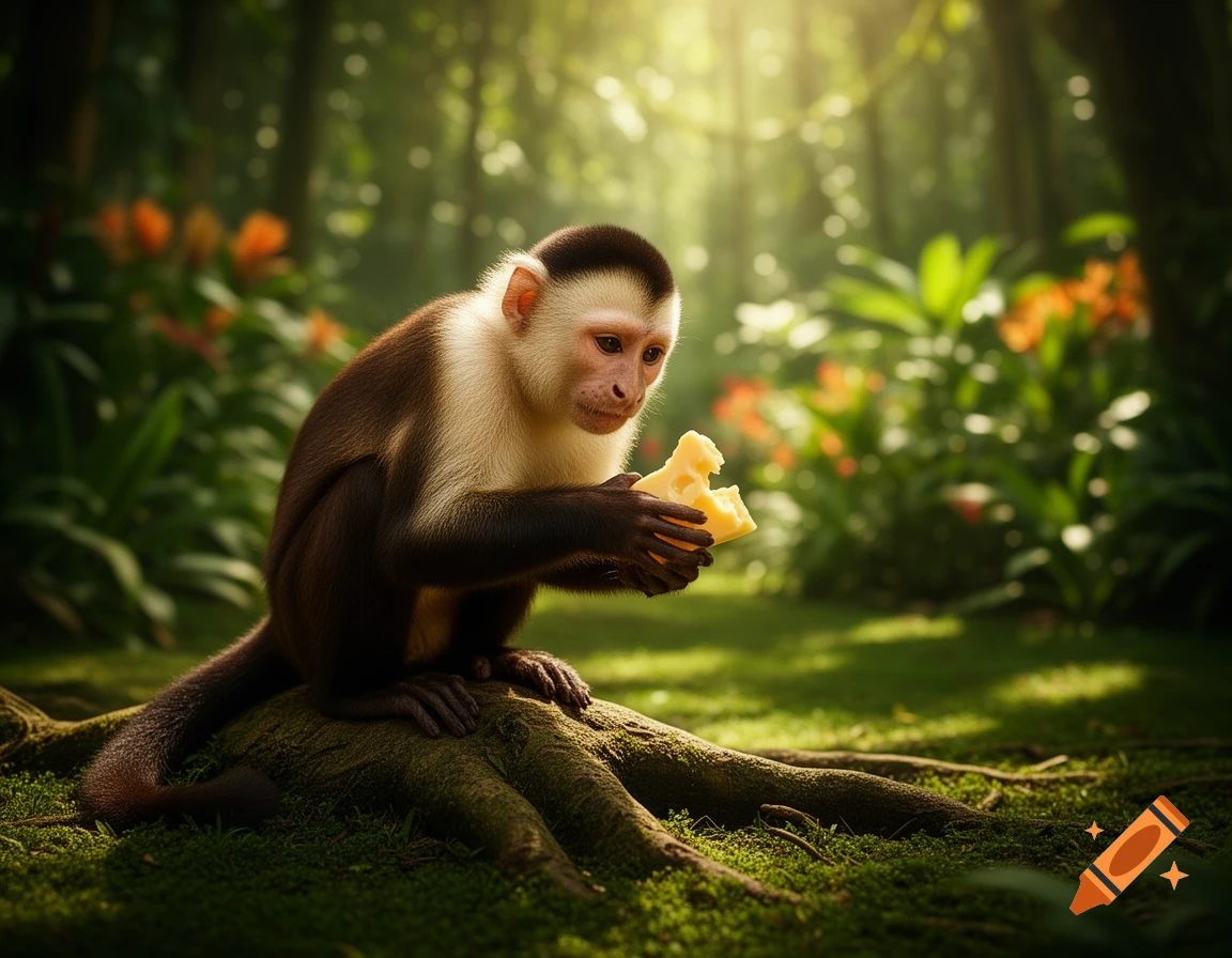 A Capuchin monkey sits on a mossy tree root in a sunlit jungle, holding and looking at a piece of cheese.