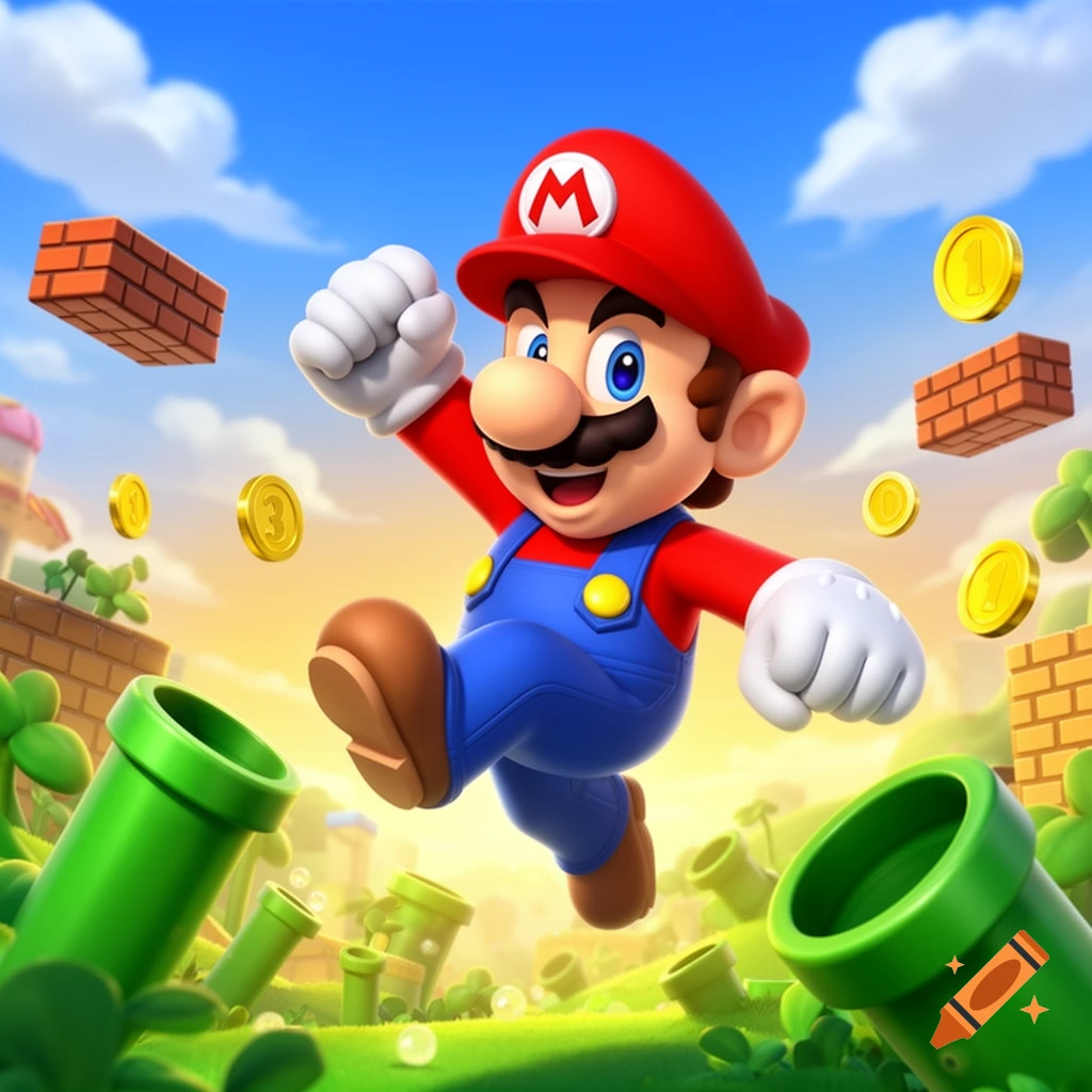 Mario jumps in a vibrant, cartoonish landscape with green pipes, brick blocks, and floating gold coins under a blue sky.