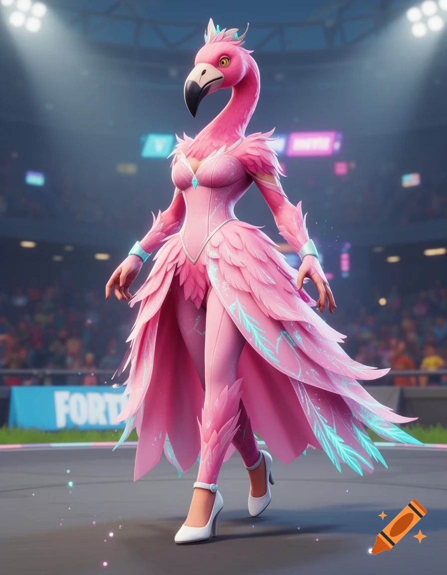 A pink flamingo character in a feathered princess dress with cyan details and white heels walks on a stadium field, in a Fortnite style.