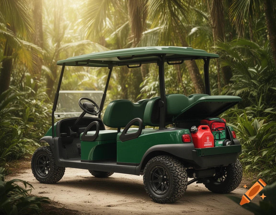 A jungle green golf cart with off-road tires and supplies in the back, parked on a dirt path in a sunlit tropical jungle.