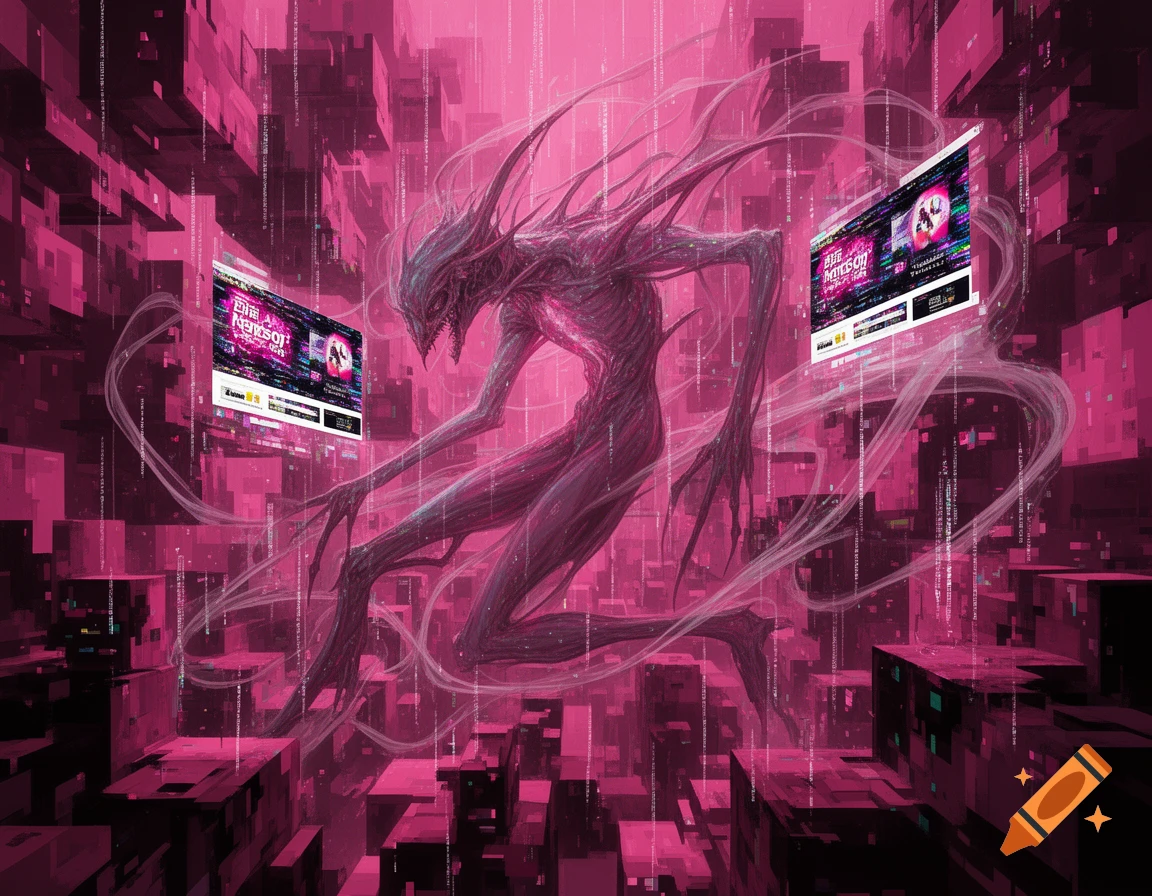A skinny, monstrous creature with sharp features floats amidst a pink-toned, glitchy digital landscape with block structures and two pop-up ad screens.