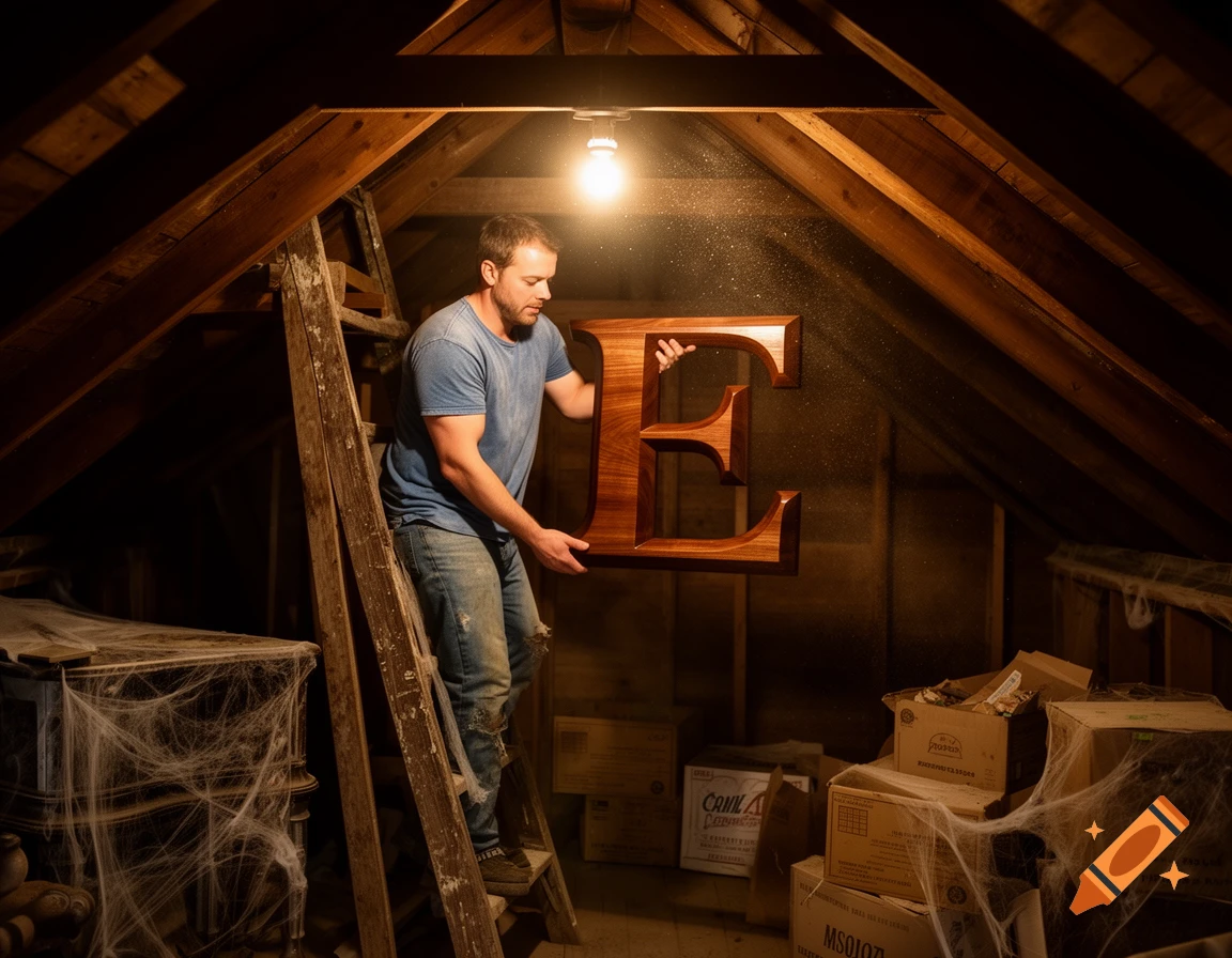 A man stands on a wooden ladder in a dusty attic, holding a large, polished wooden letter E. Cobweb-covered boxes and furniture fill the background, illuminated by a single bare bulb.