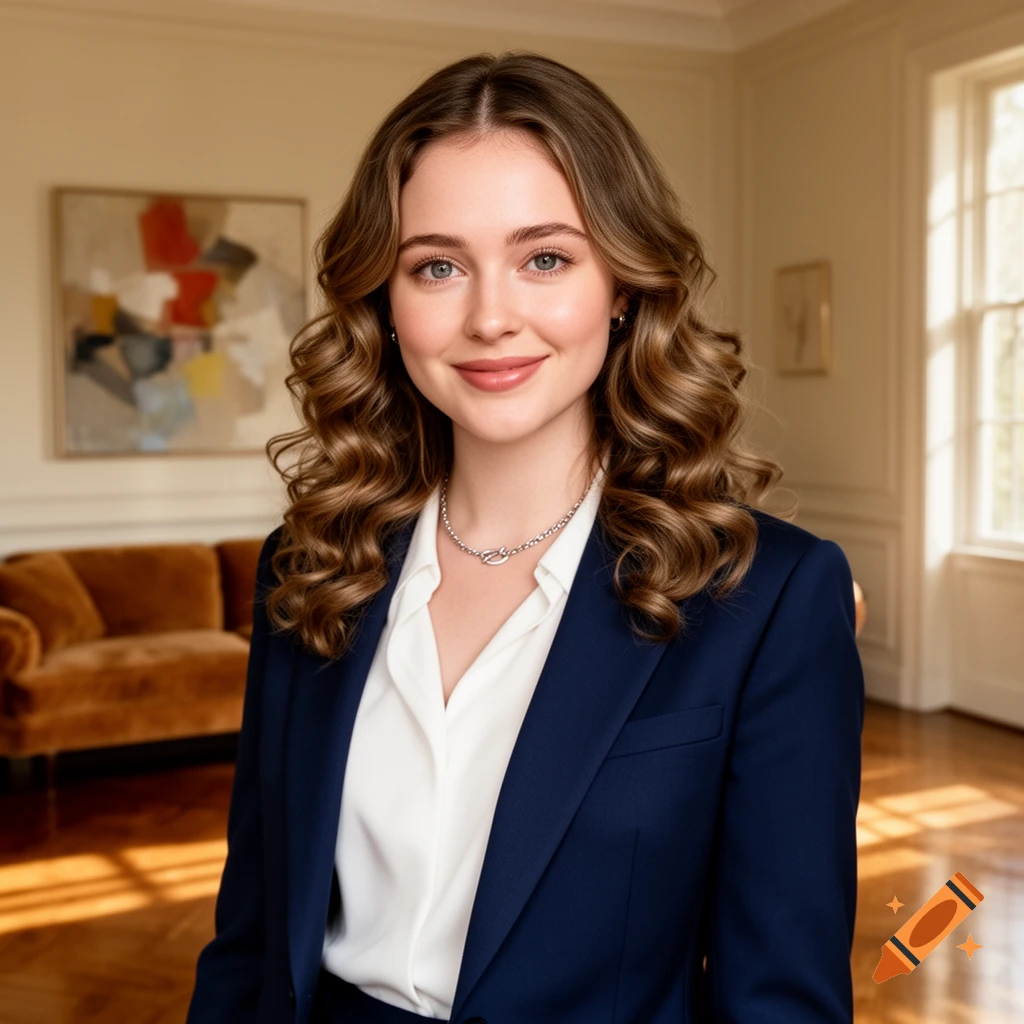 A smiling woman with curly brown hair and a blue blazer stands in a well-lit room with an abstract painting and sofa.